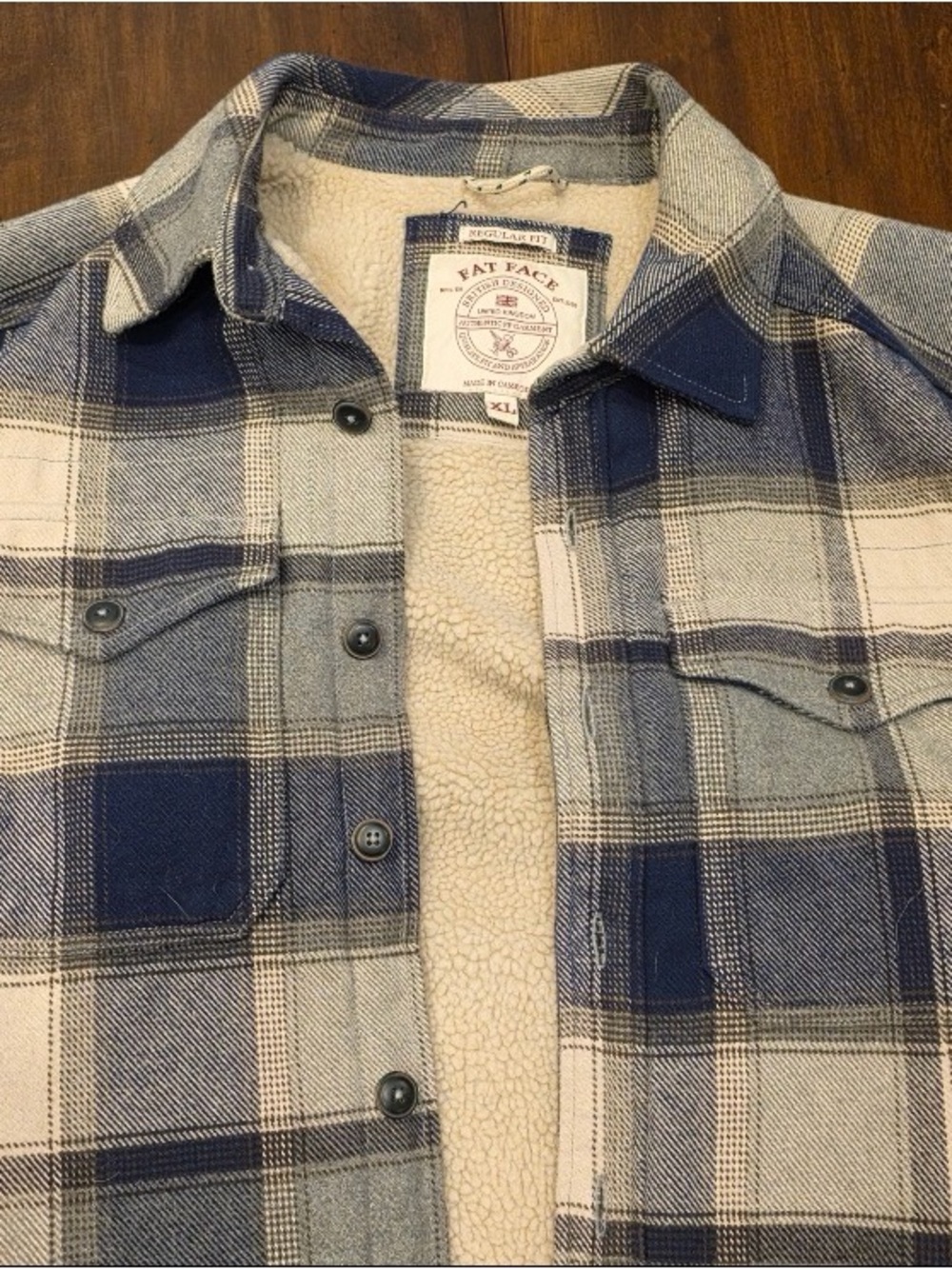 Fat Face Men's Navy and Cream Plaid Sherpa Shirt Jacket
